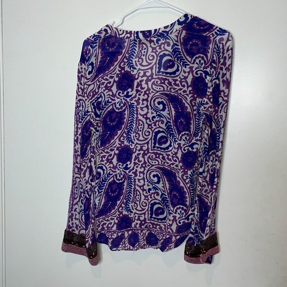 Zara Purple & White Paisley Button-Up Blouse With Beaded Cuffs M Medium - Picture 6 of 9